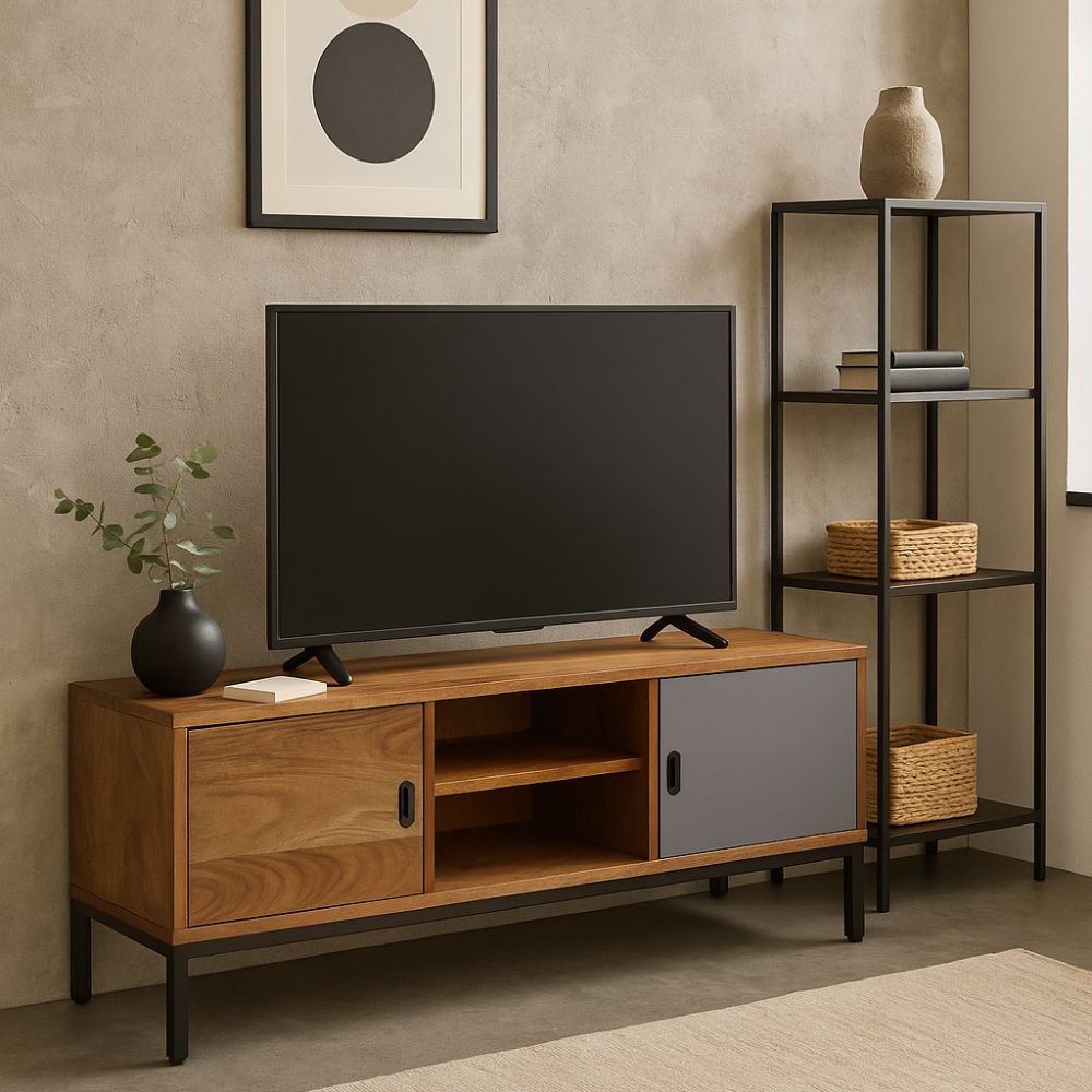 Meuble TV en Bois d'Acacia et Gris