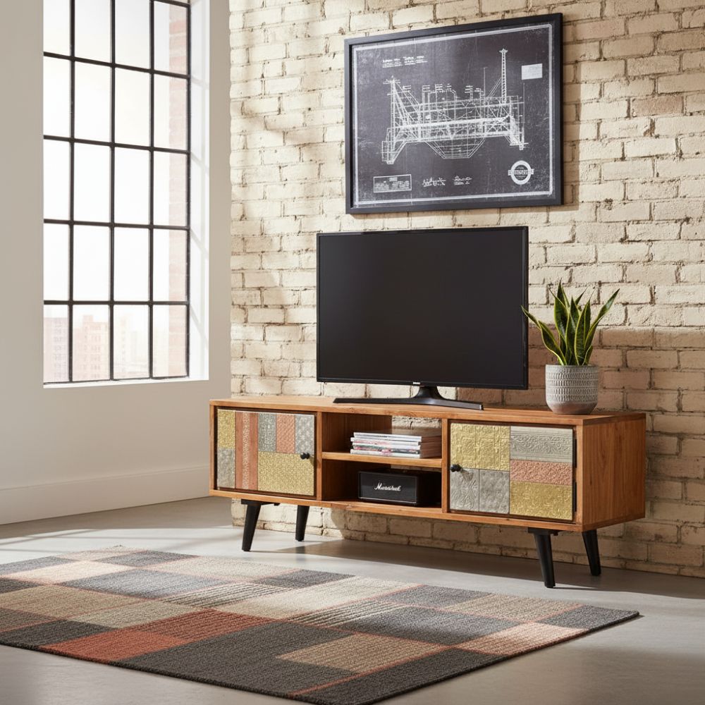 Meuble TV en Bois d'Acacia et Pieds Compas Noirs