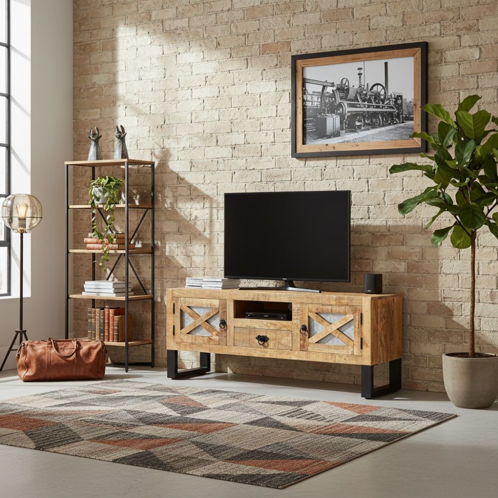 Meuble TV en Bois de Manguier Brut au Style Industriel