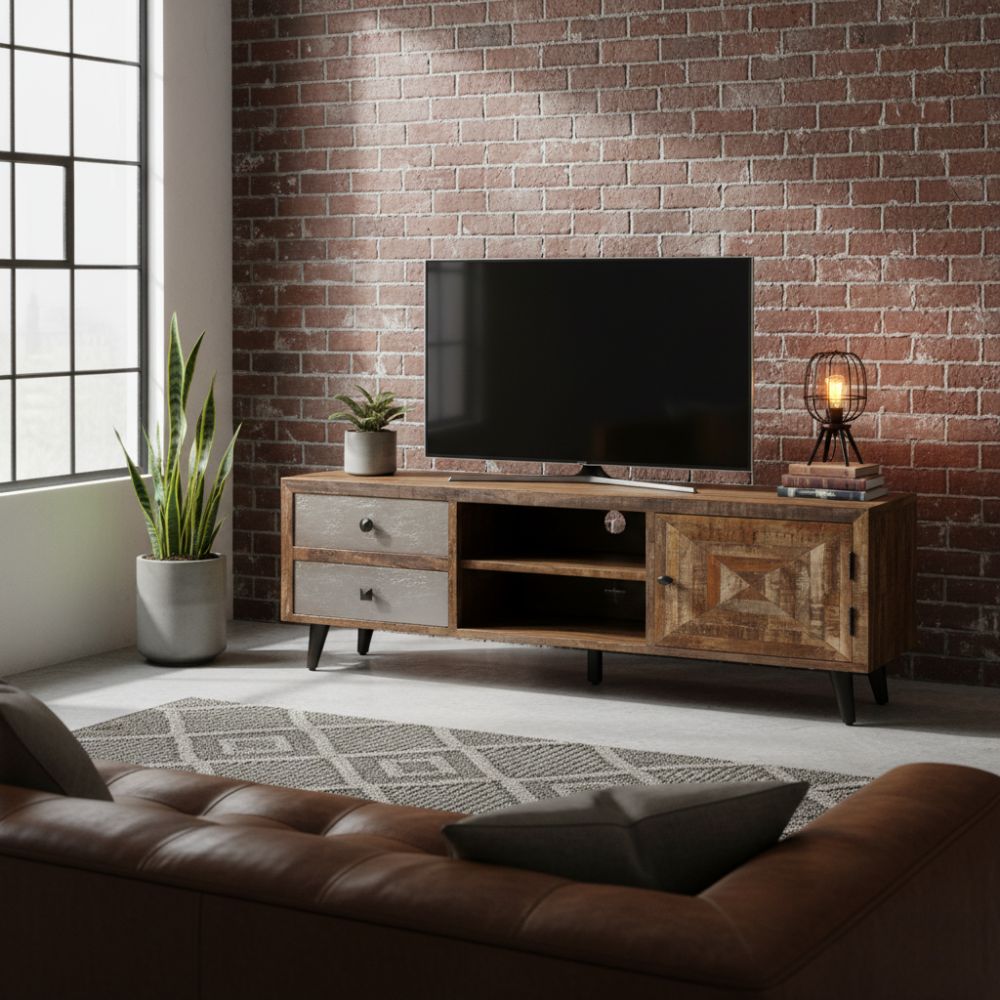 Meuble TV en Bois de Manguier Massif au Style Industriel