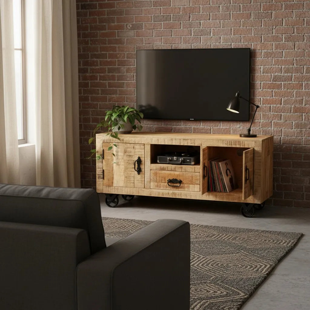 Meuble TV en Bois de Manguier avec Roulettes