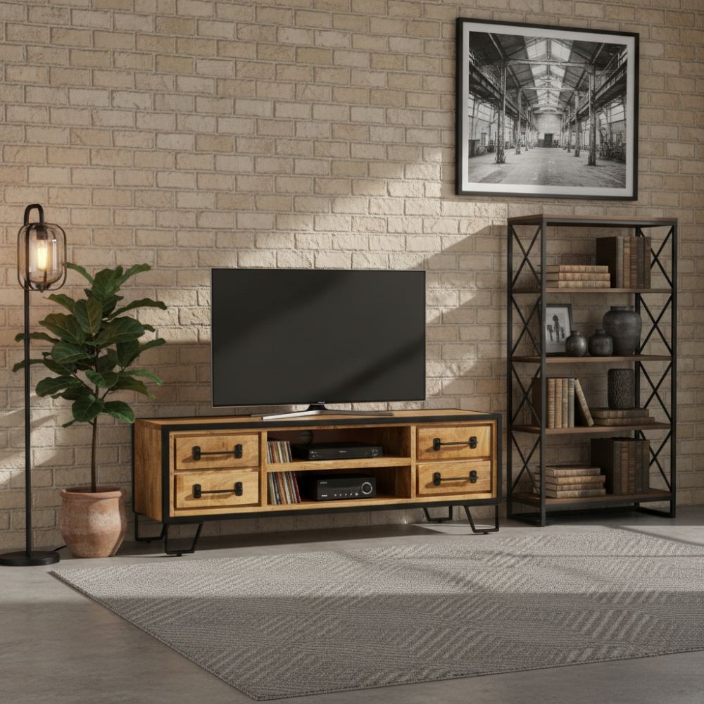Meuble TV en Bois de Manguier et Acier Industriel