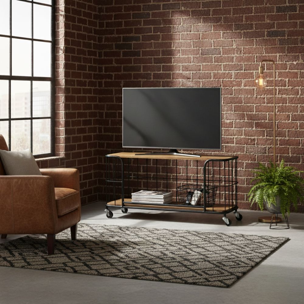 Meuble TV en Bois de Manguier et Fer Forgé