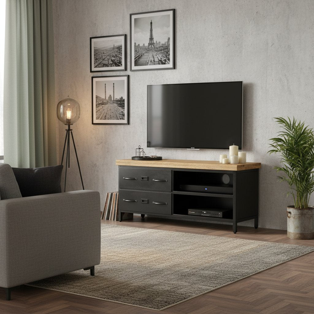 Meuble TV en Bois de Manguier et Métal Noir