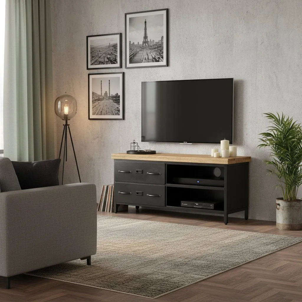 Meuble TV en Bois de Manguier et Métal Noir