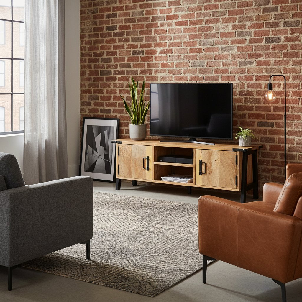 Meuble TV en Bois de Manguier et Pieds en Métal Noir