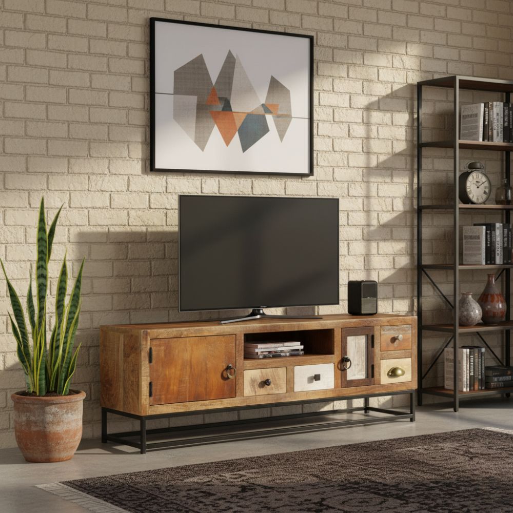 Meuble TV en Bois de Récupération et Acier 120 cm