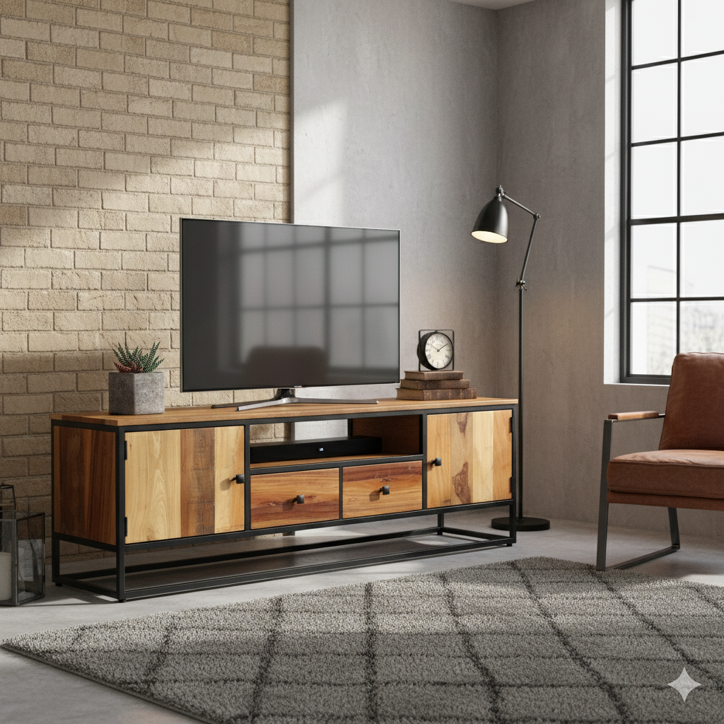 Meuble TV en Bois de Récupération et Cadre Acier