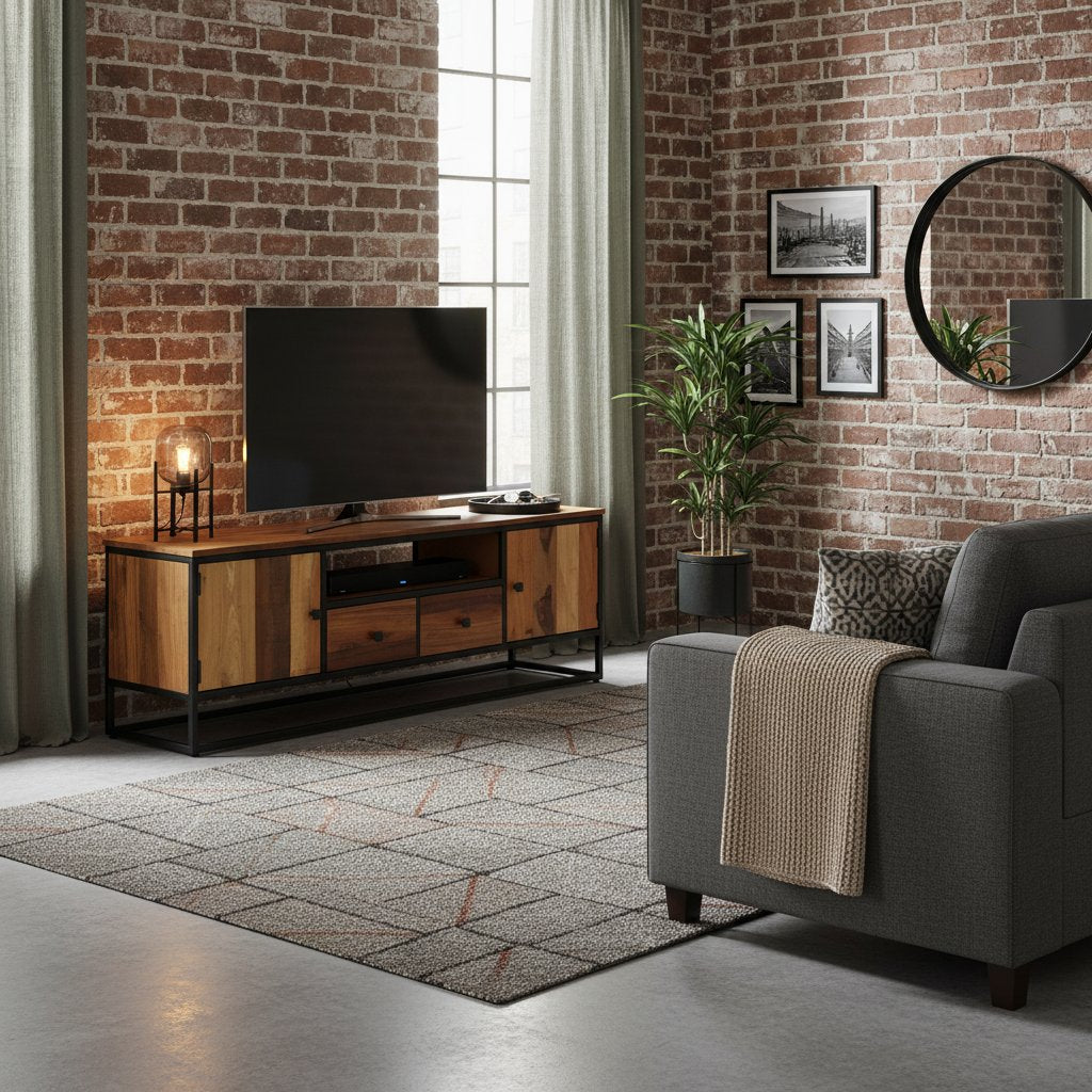 Meuble TV en Bois de Récupération et Cadre Acier