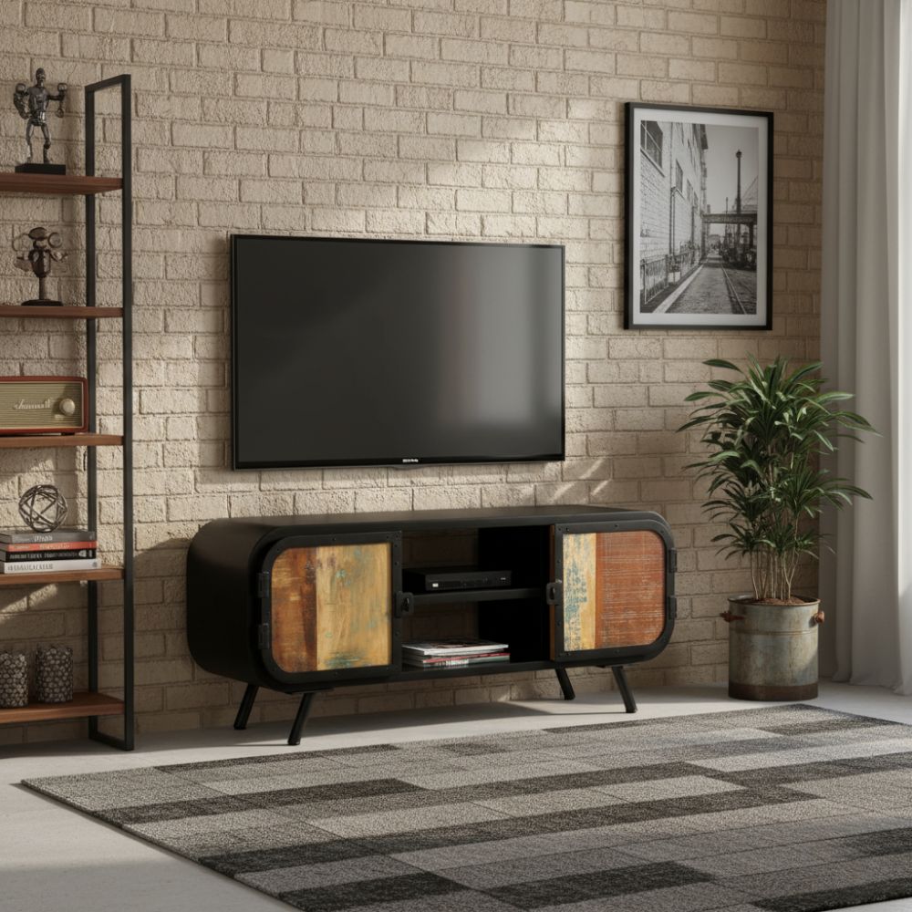 Meuble TV en Bois de Récupération et Fer Noir