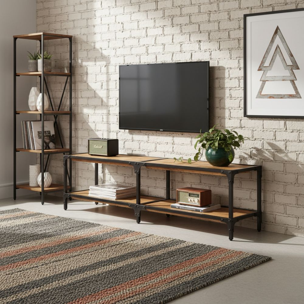 Meuble TV en Bois Massif et Fer