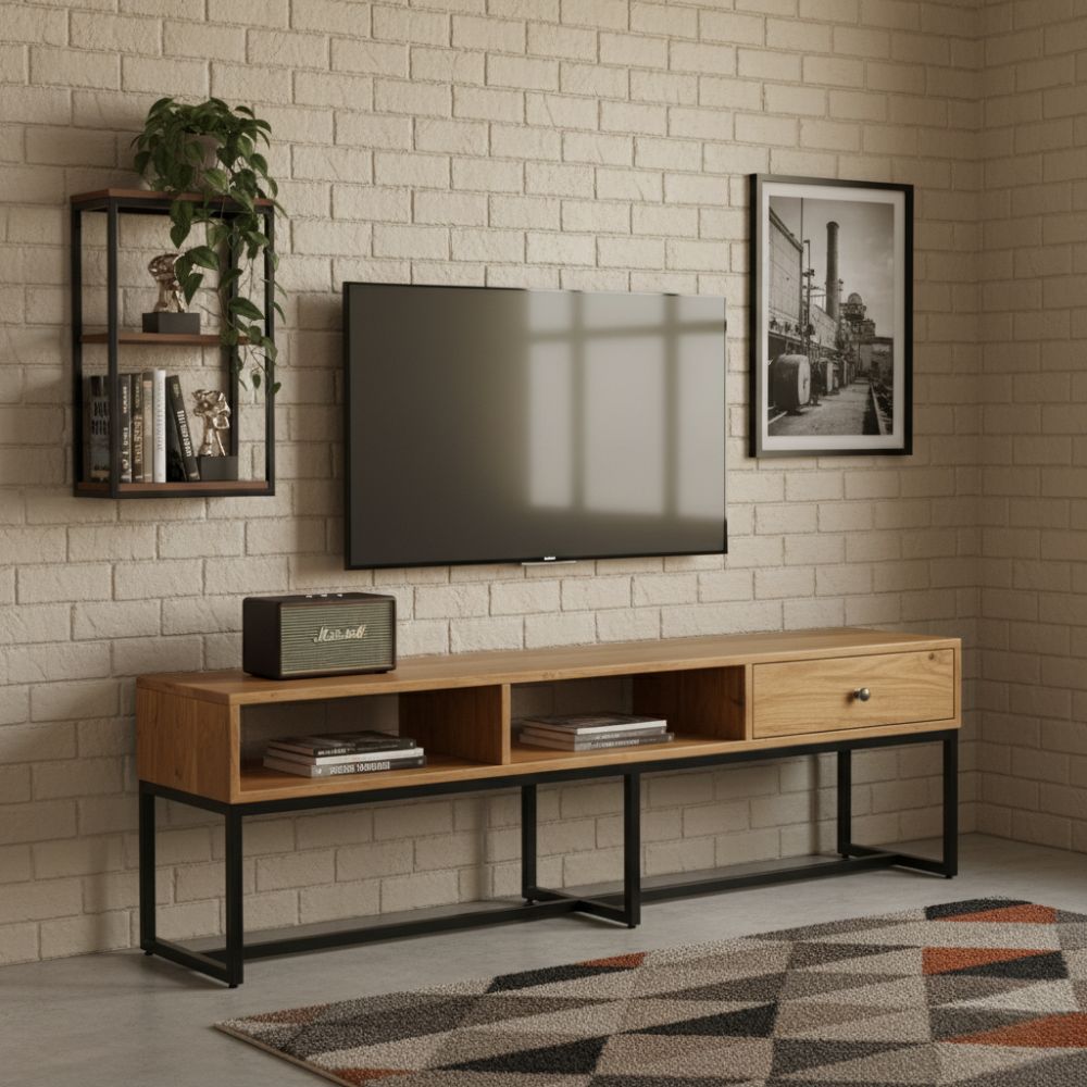 Meuble TV en Bois et Métal au Style Industriel