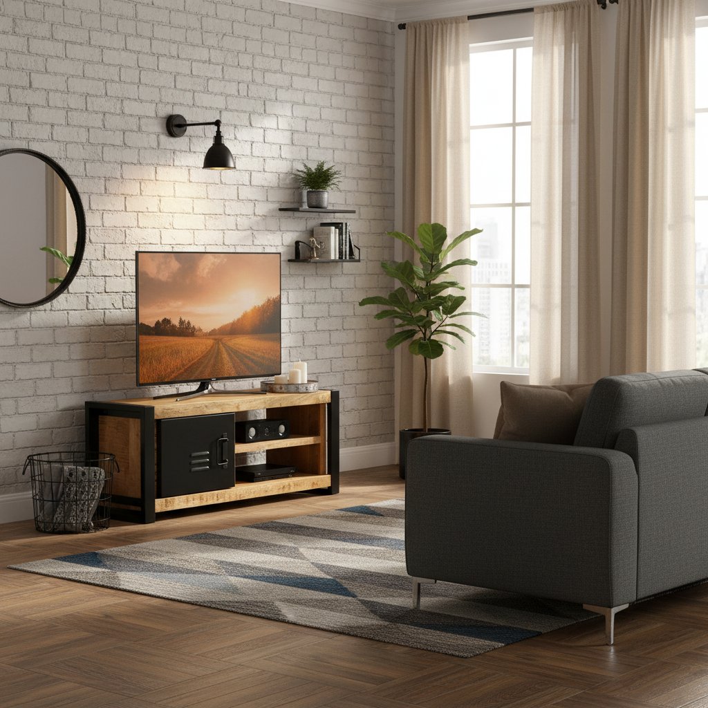 Meuble TV en Métal Noir et Bois de Manguier