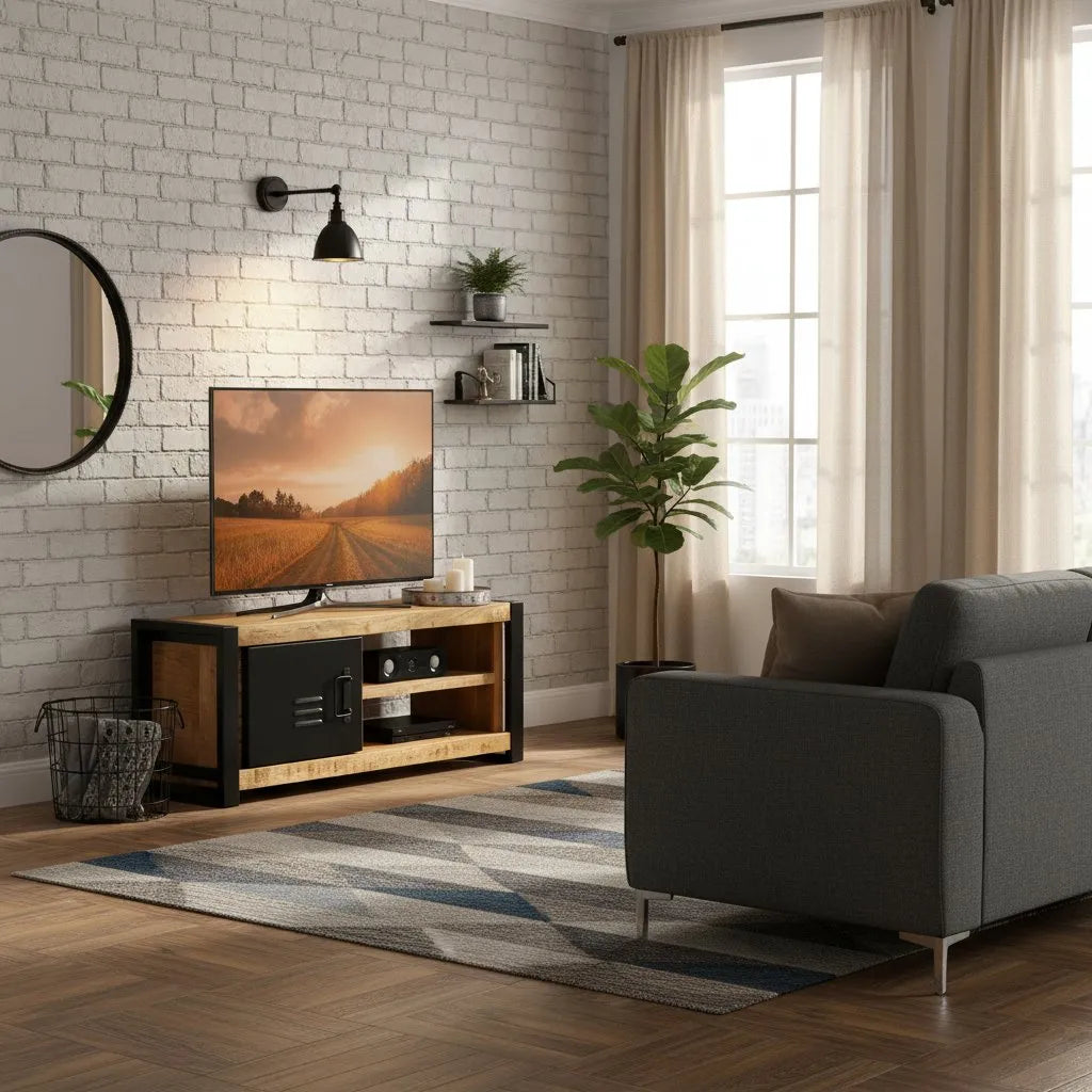 Meuble TV en Métal Noir et Bois de Manguier