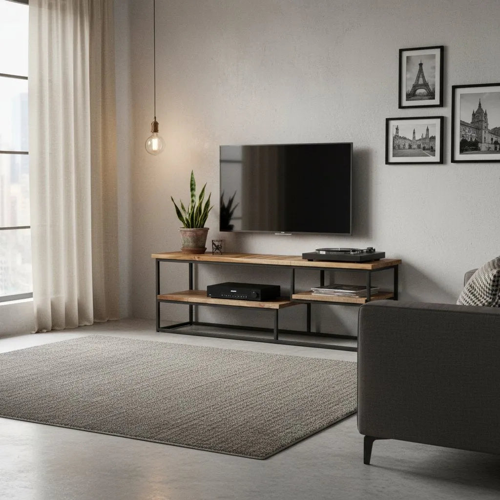 Meuble TV en Teck Massif au Style Industriel