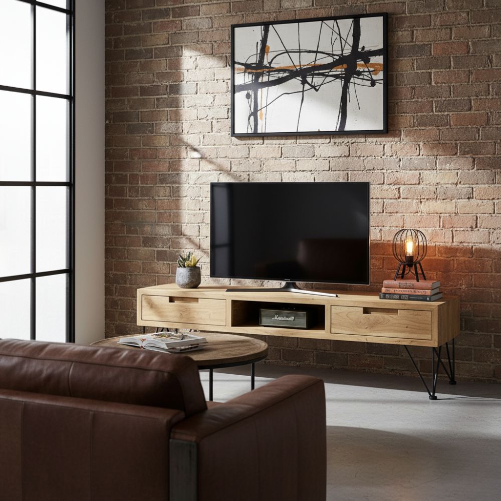 Meuble TV en Teck Massif et Métal Noir