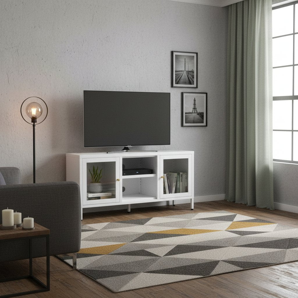 Meuble TV en Verre Trempé et Acier Blanc