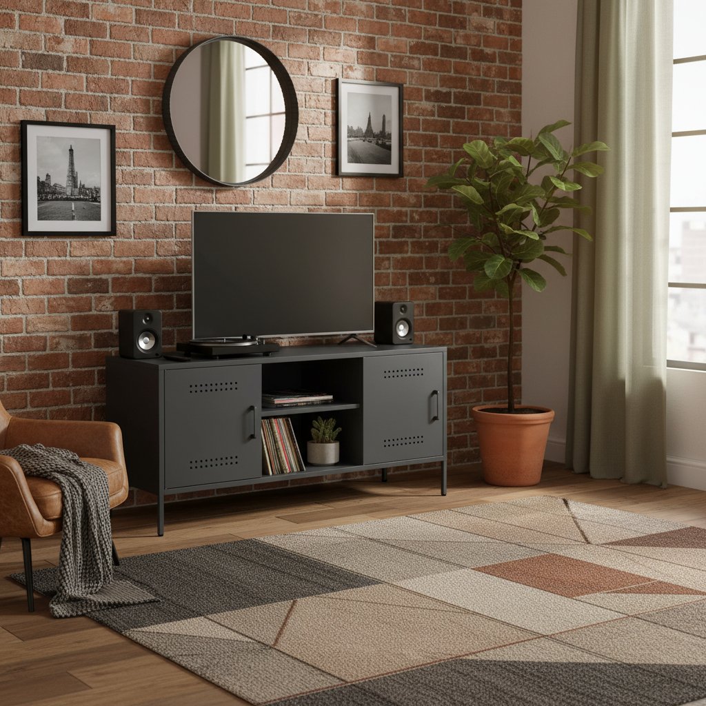 Meuble TV en acier avec porte au style industriel