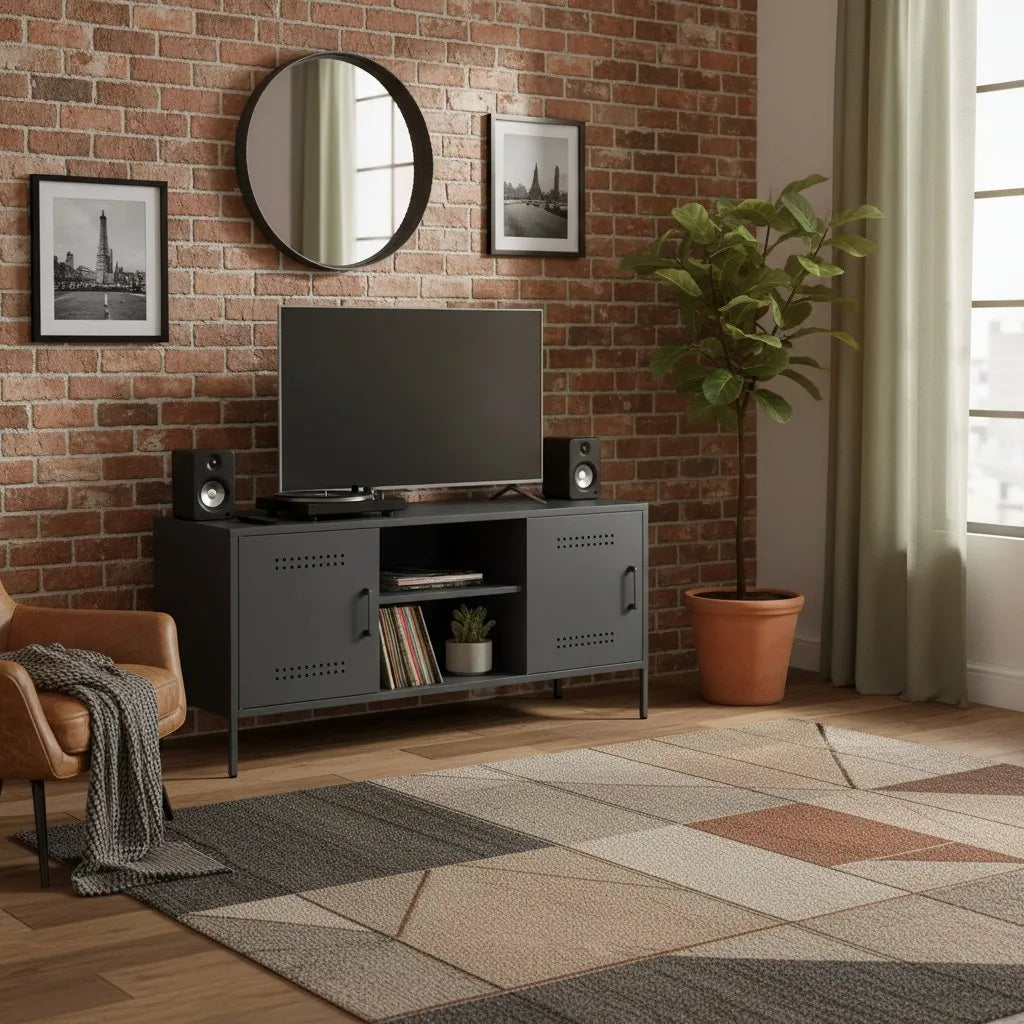 Meuble TV en acier avec porte au style industriel
