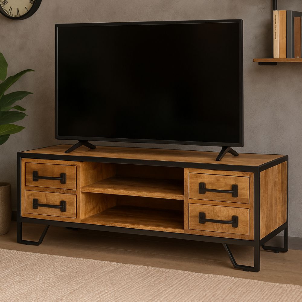 Meuble TV en Bois de Manguier et Acier Industriel