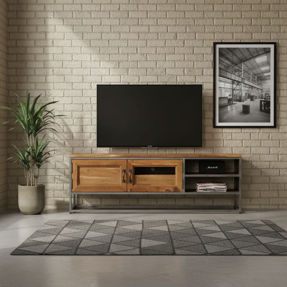 Meuble TV en teck recyclé et métal industriel
