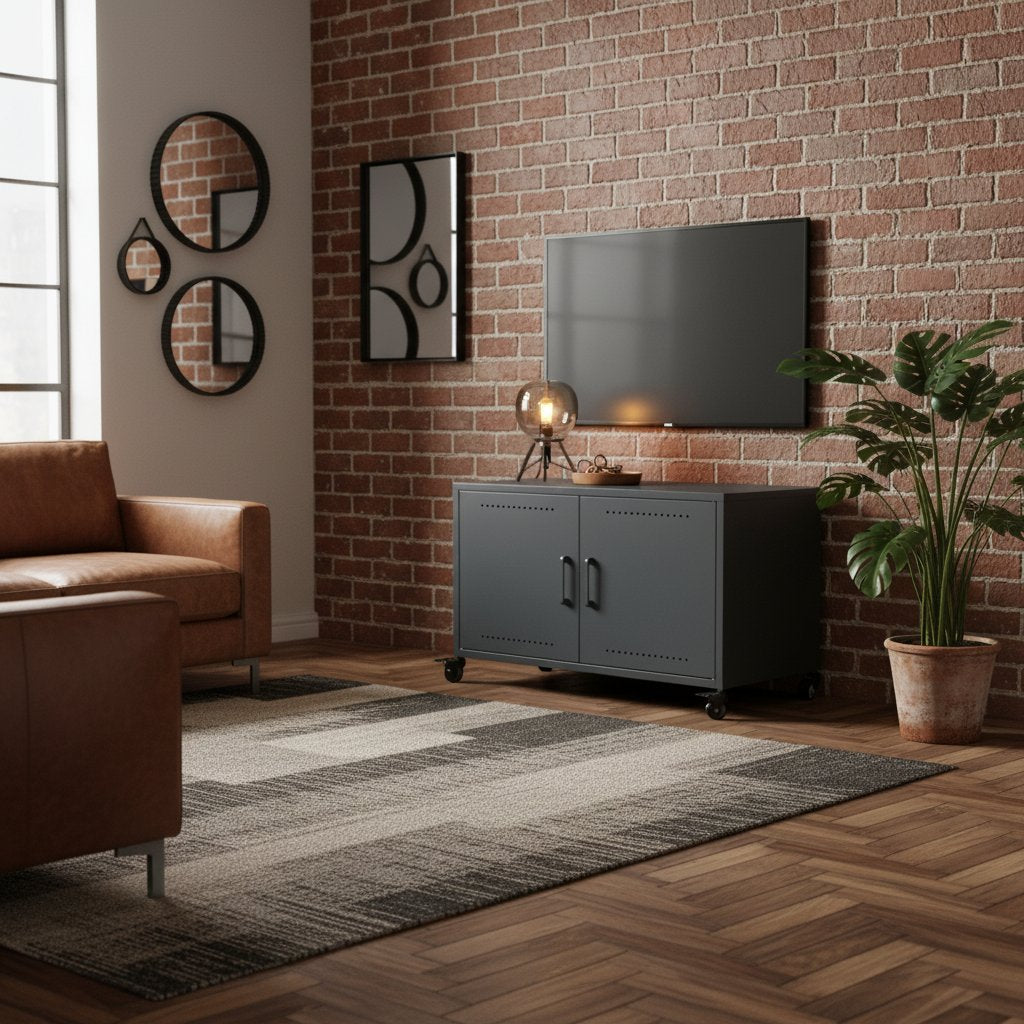 Meuble TV industriel en acier avec rangement intégré