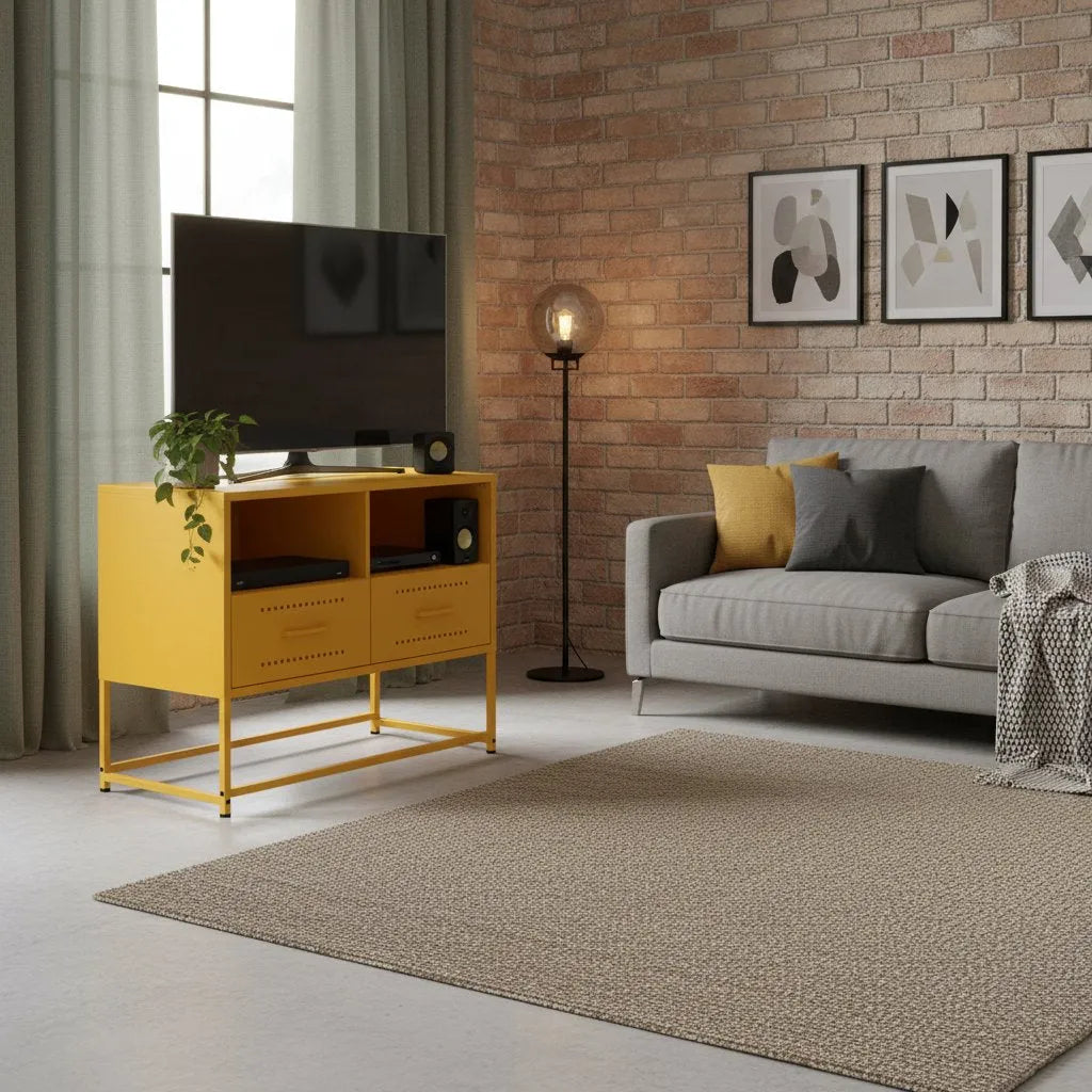 Meuble TV industriel en acier et couleur moutarde
