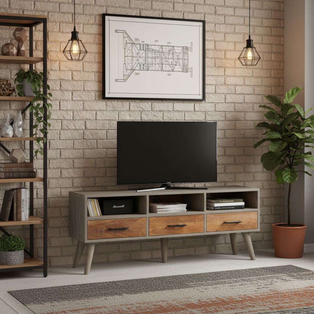 Meuble Télé Élégant en Bois Gris Massif