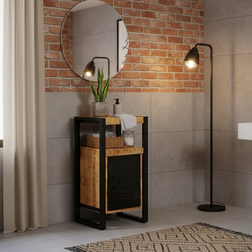 Meuble de Salle de Bain en Bois Massif Marron