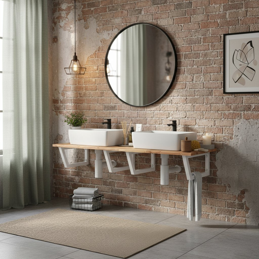 Meuble de Salle de Bain en Bois et Blanc avec Double Vasque