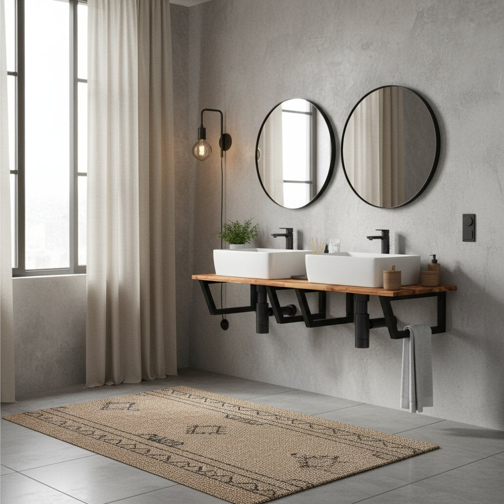 Meuble en Bois et Acier Salle de Bain avec 2 Vasques