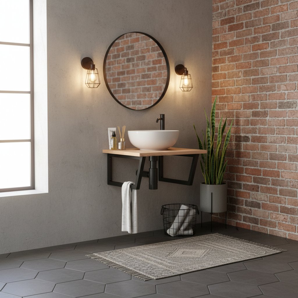 Meuble sous Vasque Mural en Bois Brut et Acier Noir