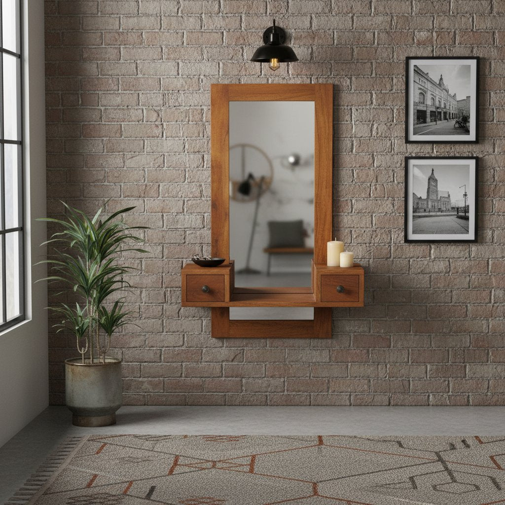 Miroir Mural en Bois d'Acacia avec Tiroirs