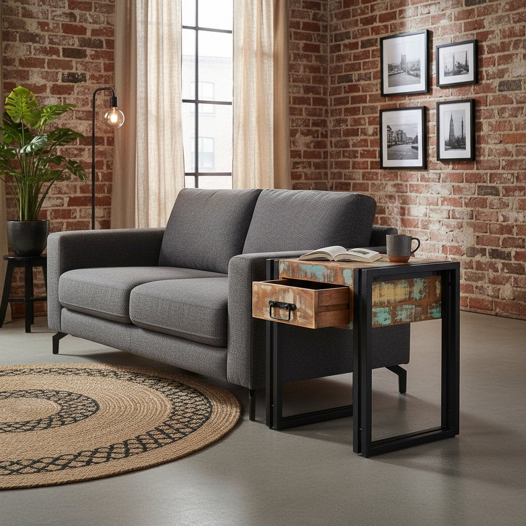 Petite Table d'Appoint avec Tiroir en Bois Industriel Recyclé