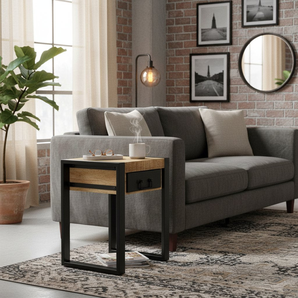 Petite Table d'Appoint en Bois et Métal Style Industriel