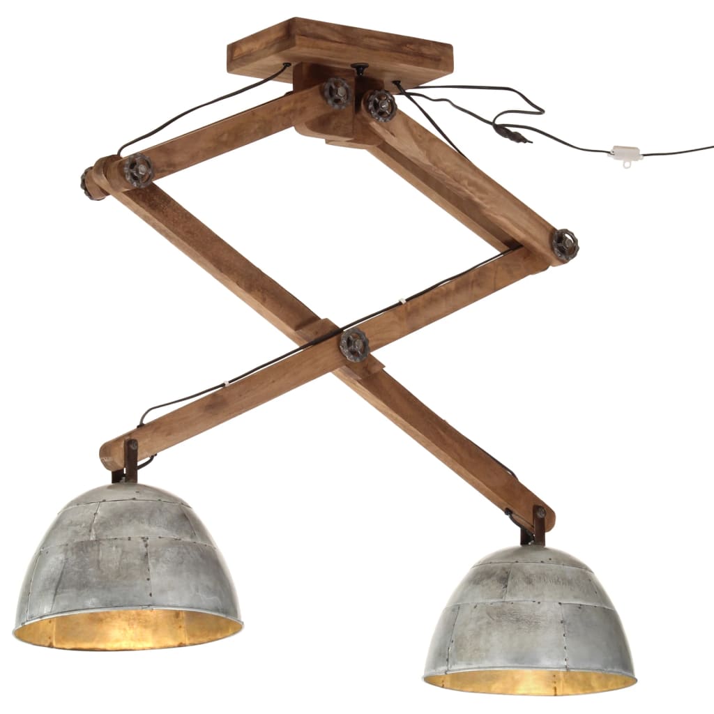 Plafonnier Industriel en Bois de Manguier et Métal-Argent-1-La-Fabrique-Industrielle