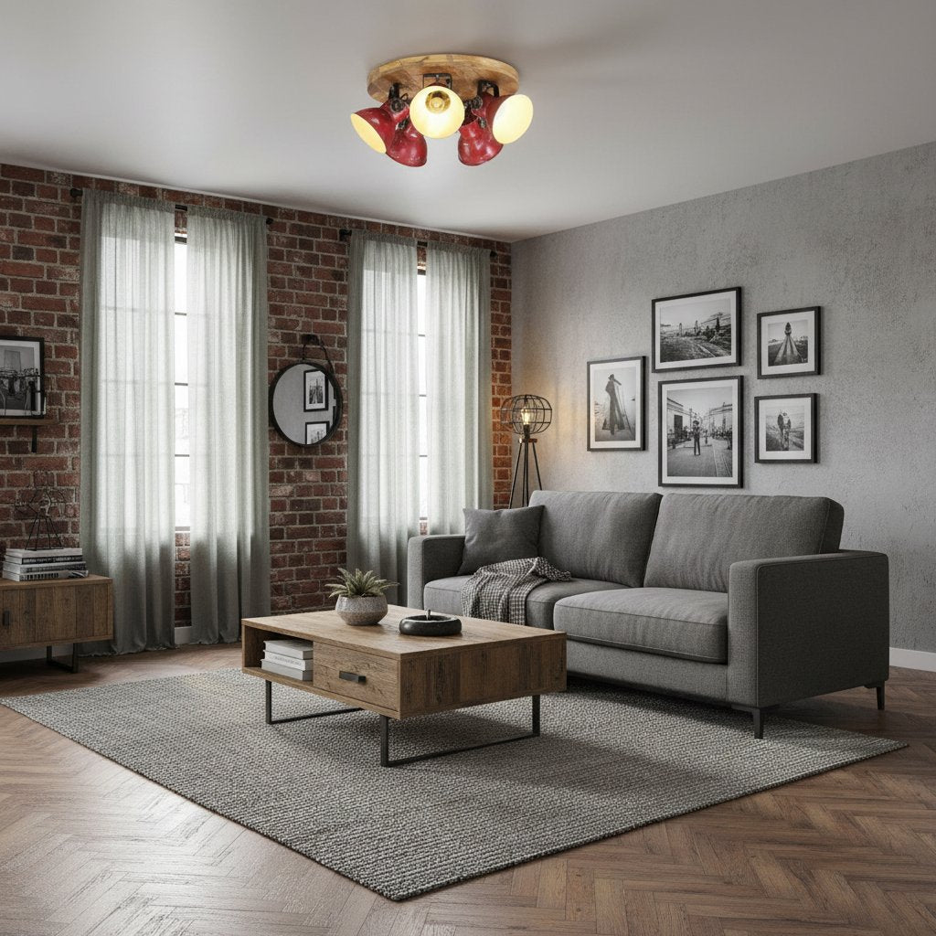 Plafonnier en Bois et Fer au Style Industriel Vintage