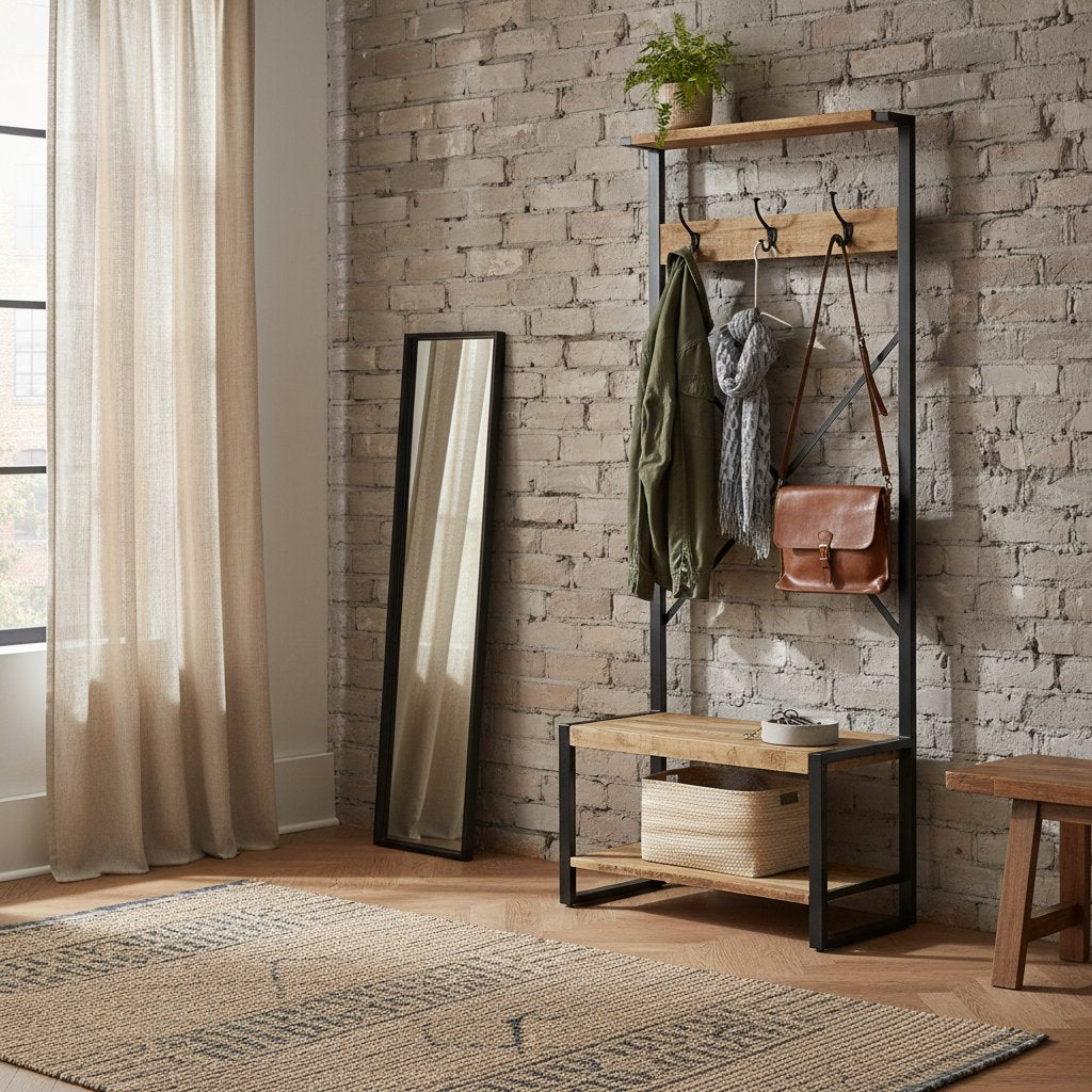 Porte-Manteau en Métal et Bois sur Pied