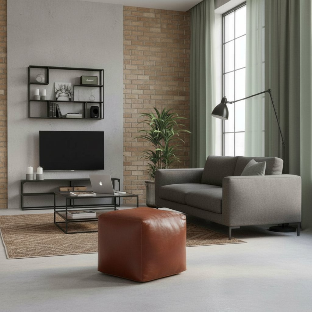 Pouf de Salon en Cuir Industriel