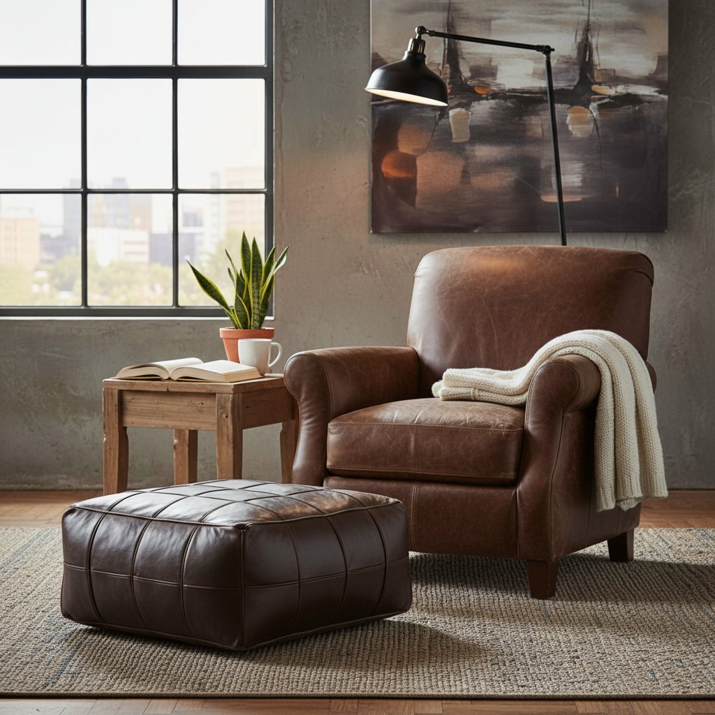 Pouf en Cuir Industriel Marron Foncé