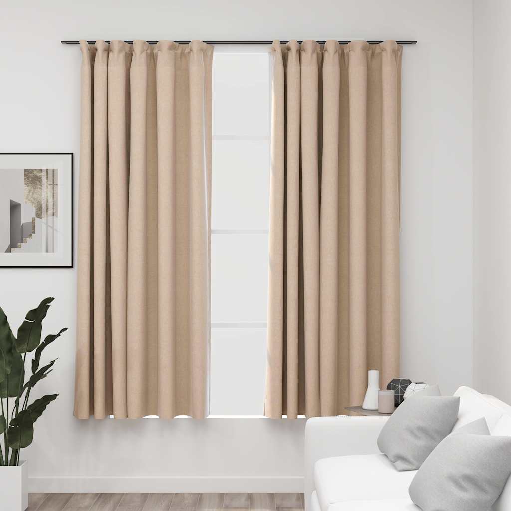 Rideaux Occultants Aspect Lin Et Crochets 2 Pcs 140X225Cm-Beige-2-140 x 175 cm-La-Fabrique-Industrielle