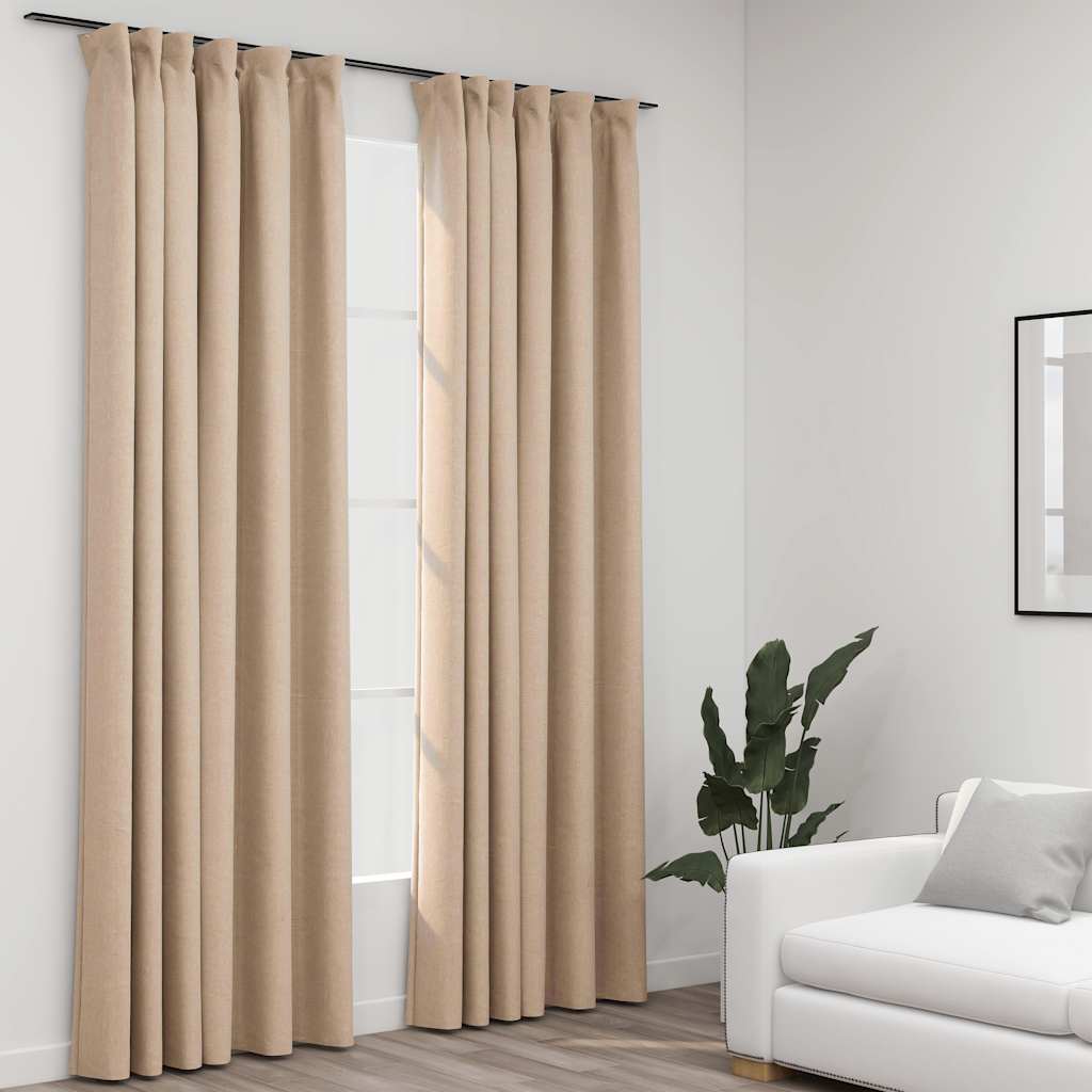 Rideaux Occultants Aspect Lin Et Crochets 2 Pcs 140X225Cm-Beige-2-140 x 225 cm-La-Fabrique-Industrielle