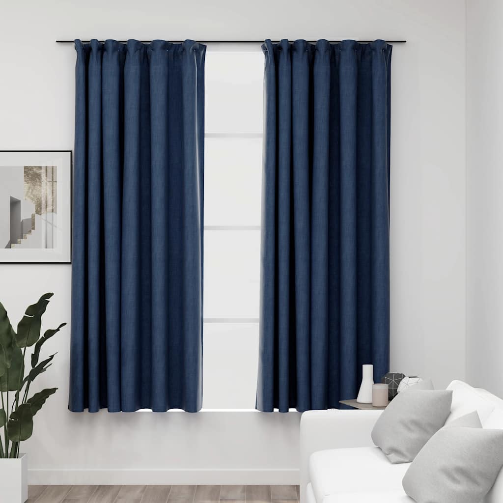 Rideaux Occultants Aspect Lin Et Crochets 2 Pcs 140X225Cm-Bleu-2-140 x 175 cm-La-Fabrique-Industrielle