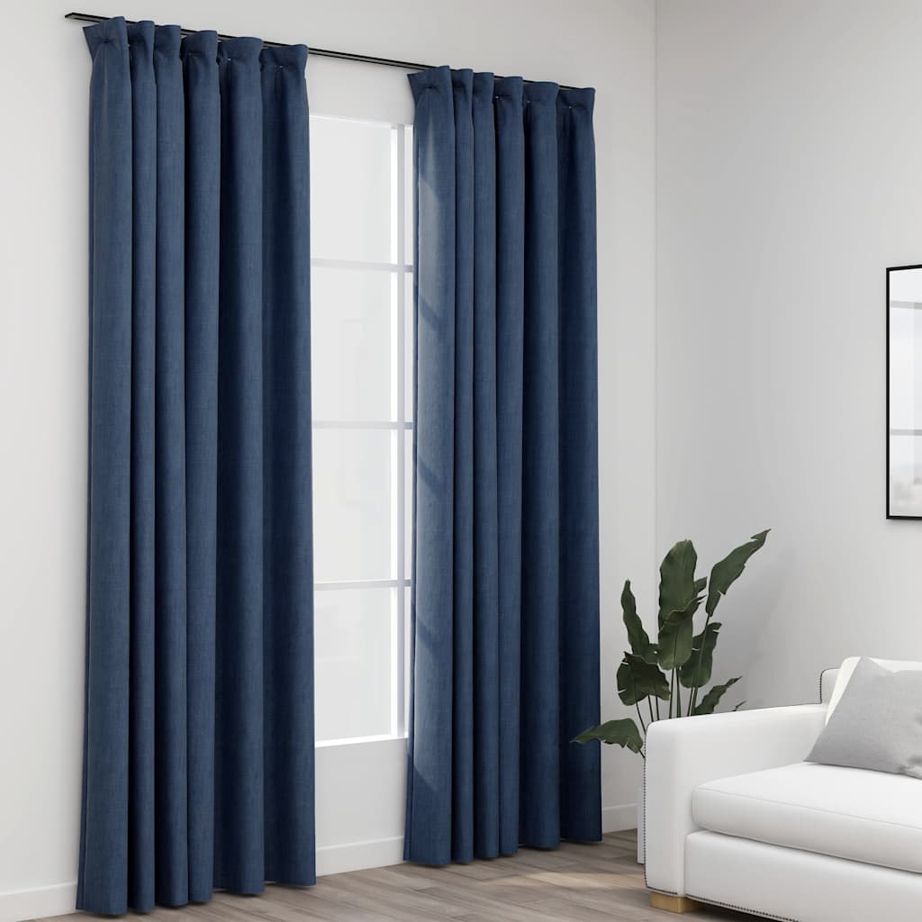 Rideaux Occultants Aspect Lin Et Crochets 2 Pcs 140X225Cm-Bleu-2-140 x 225 cm-La-Fabrique-Industrielle