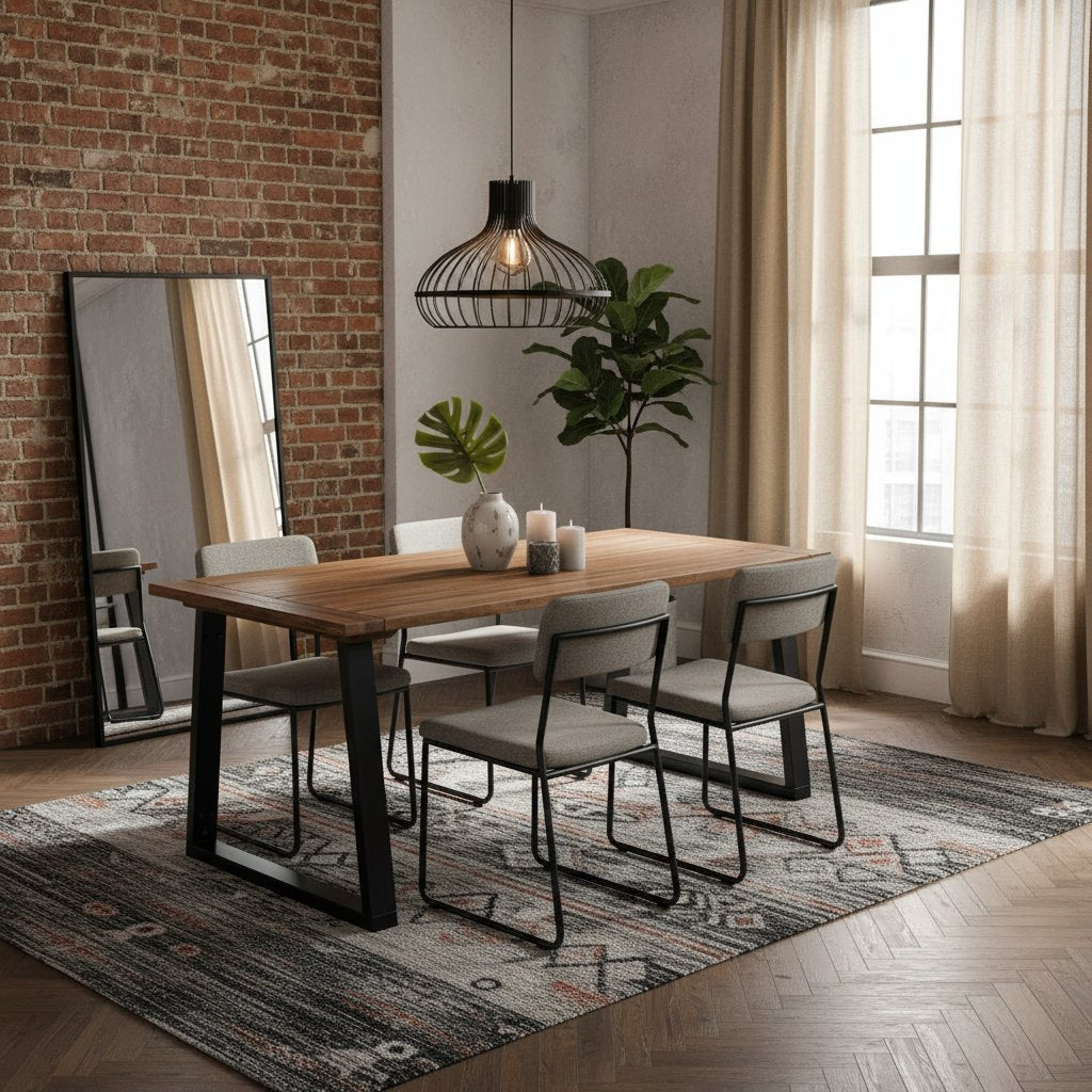 Table À Manger en Bois d'Acacia et Métal Noir