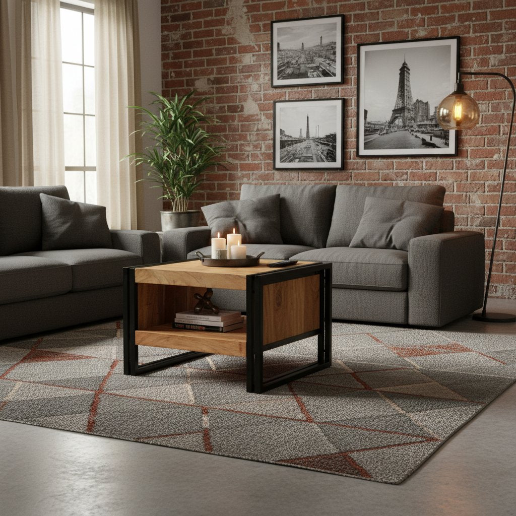 Table Basse Carrée en Bois et Métal Industriel