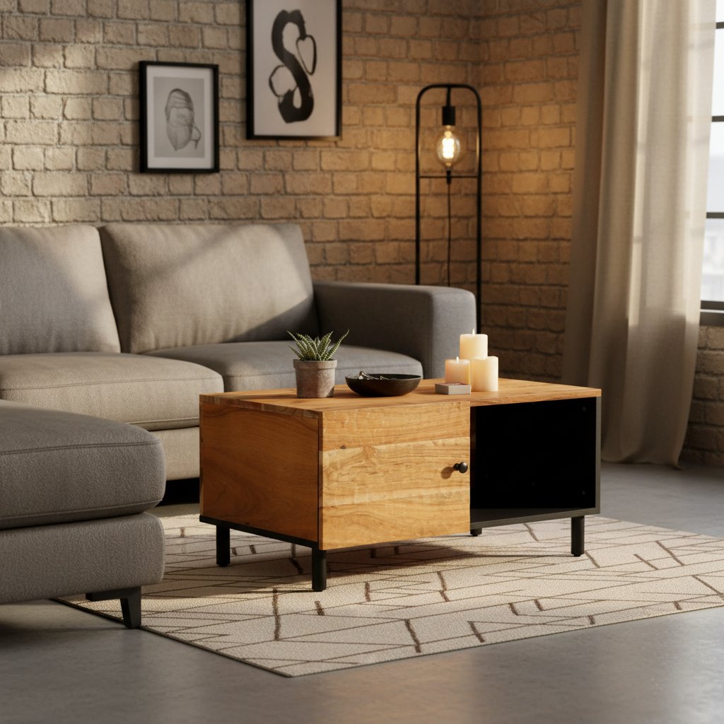 Table Basse Élégante en Métal Noir et Bois d'Acacia