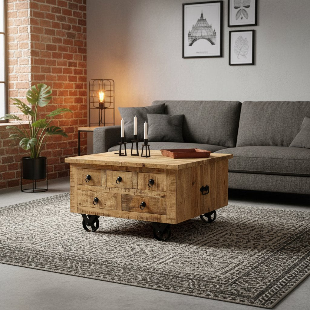 Table Basse Industrielle Coffre en Bois de Manguier