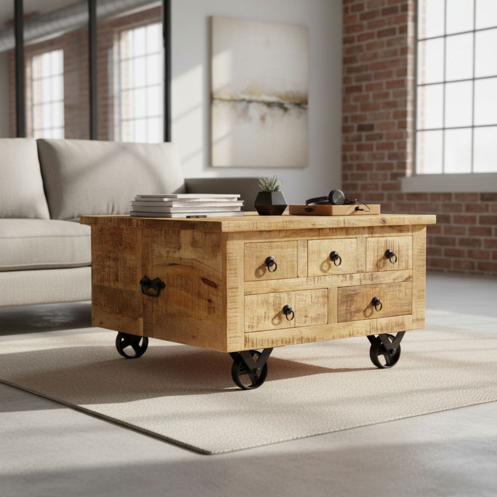 Table Basse Industrielle Coffre en Bois de Manguier