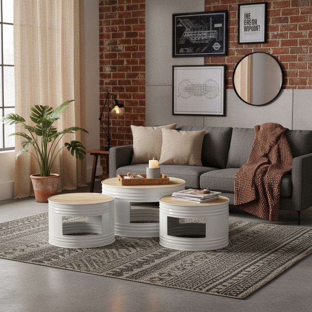 Table Basse Industrielle Style Fût en Métal